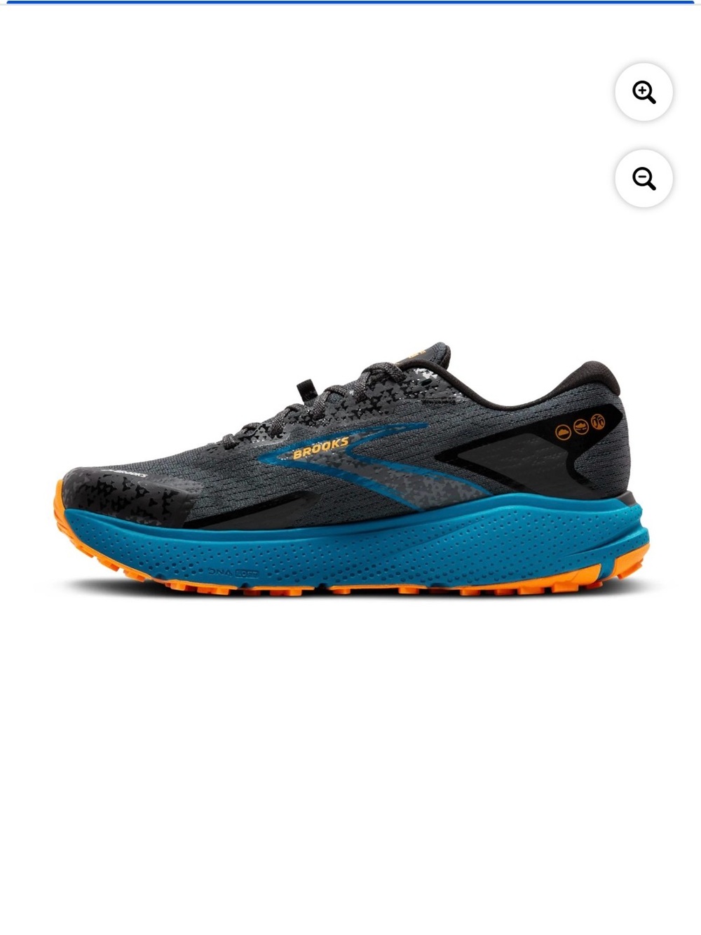 Brooks Men’s Gray and Blue Trail Running Shoe with Orange Outsole